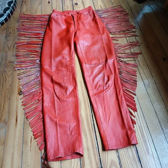 Fiorucci 1980 Vintage Red Leather Fringe Safety Jeans * Edgy Western * Sz 28 - Picture 1 of 14